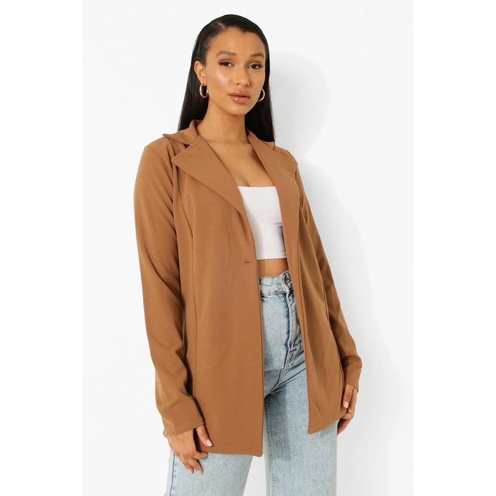 Skies Are Blue Womens XL Camel Brown Open Front Notched Lapel Blazer Jacket